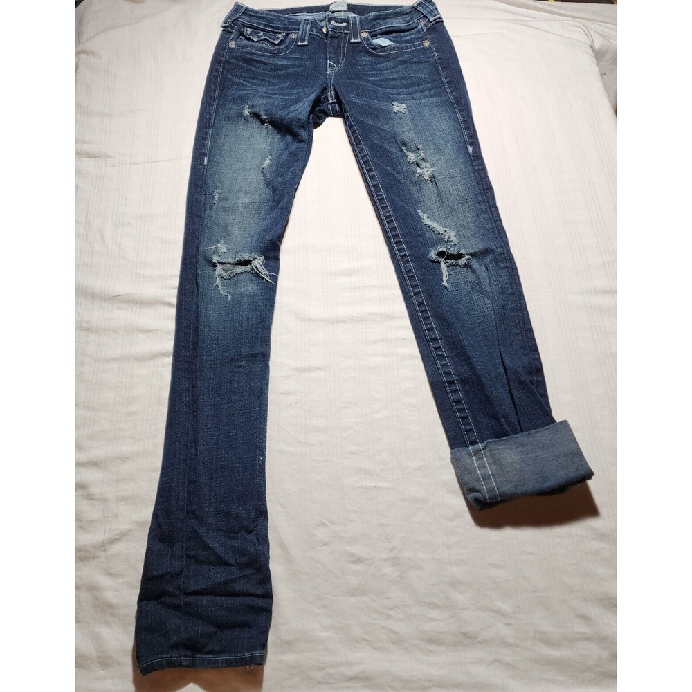 7 For All Mankind Pants Womens 27 Blue Denim Jeans Belt Loops Button Distressed
